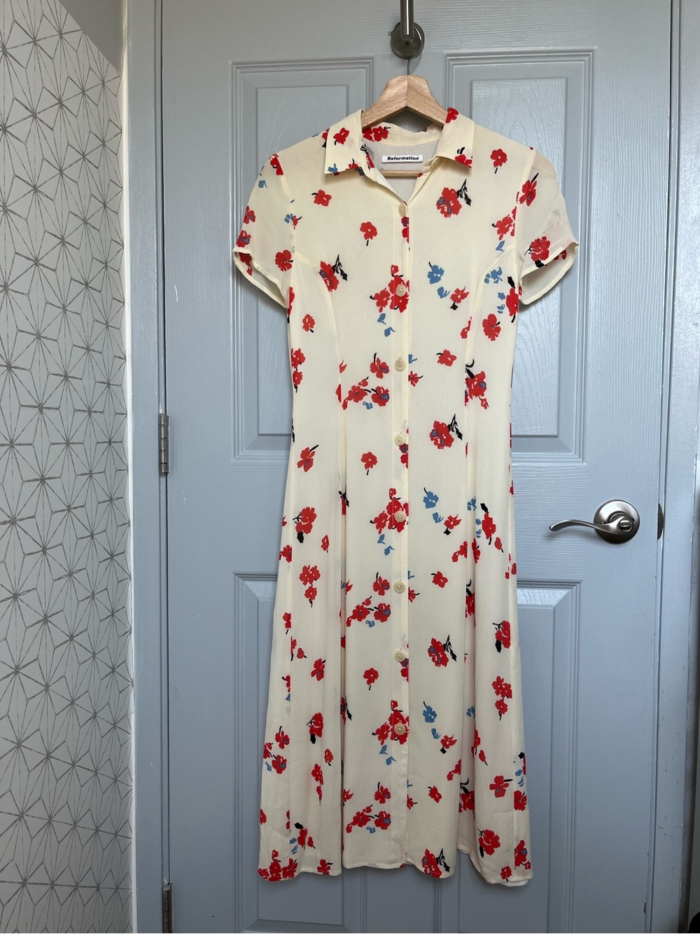 Reformation White Midi Dress with Red & Blue Floral Print
